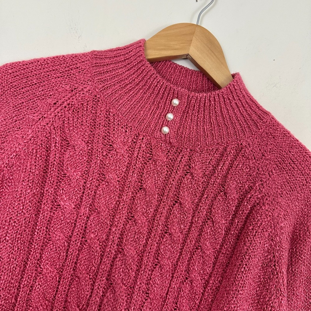 Karen Scott Sweater Pink Cozy Mock Neck Cable Knit Pearl Pullover Womens P XL